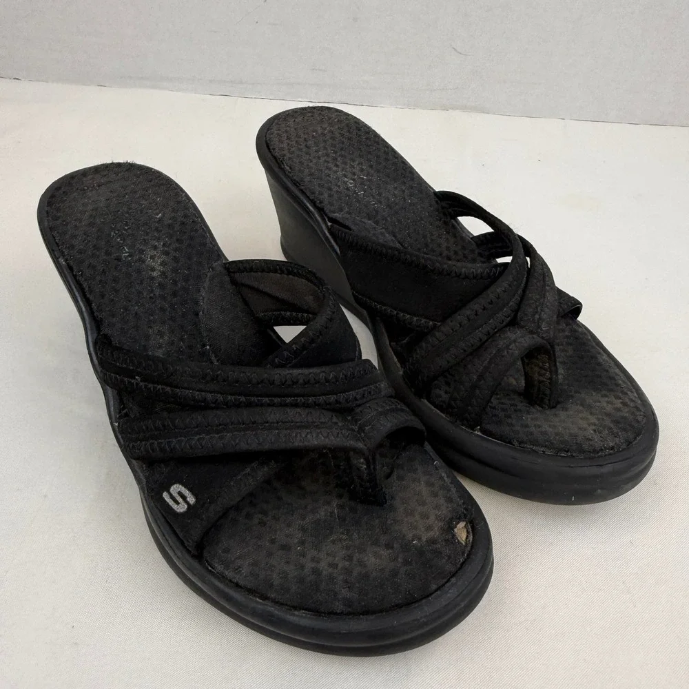 Y2K Vintage Skechers Cali Black Wedge Sandals Platform Thong Slides Size 6